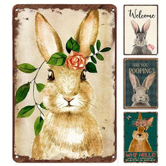 Retro Tin Sign Welcome Rabbit Spring Easter Bunny Tulip Metal Signs Wall Decor