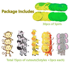 30pcs Jungle Animals Hanging Swirl Decorations Safari Animal Cutouts