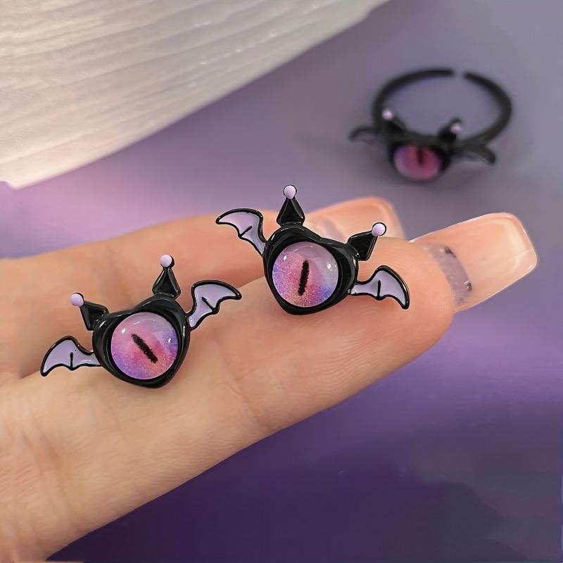 Y2k Sweet & Silver Needle Monster Opal Ring Earrings Combo