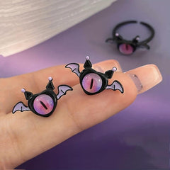 Y2k Sweet & Silver Needle Monster Opal Ring Earrings Combo