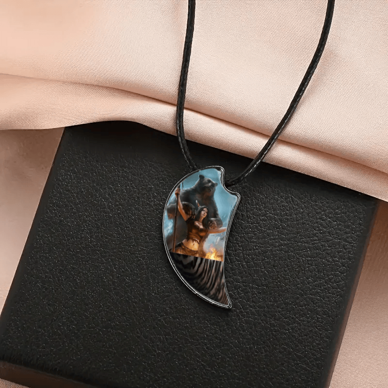 Retro Grey Bear & Warrior Crescent Moon Necklace