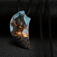 Retro Grey Bear & Warrior Crescent Moon Necklace