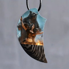 Retro Grey Bear & Warrior Crescent Moon Necklace