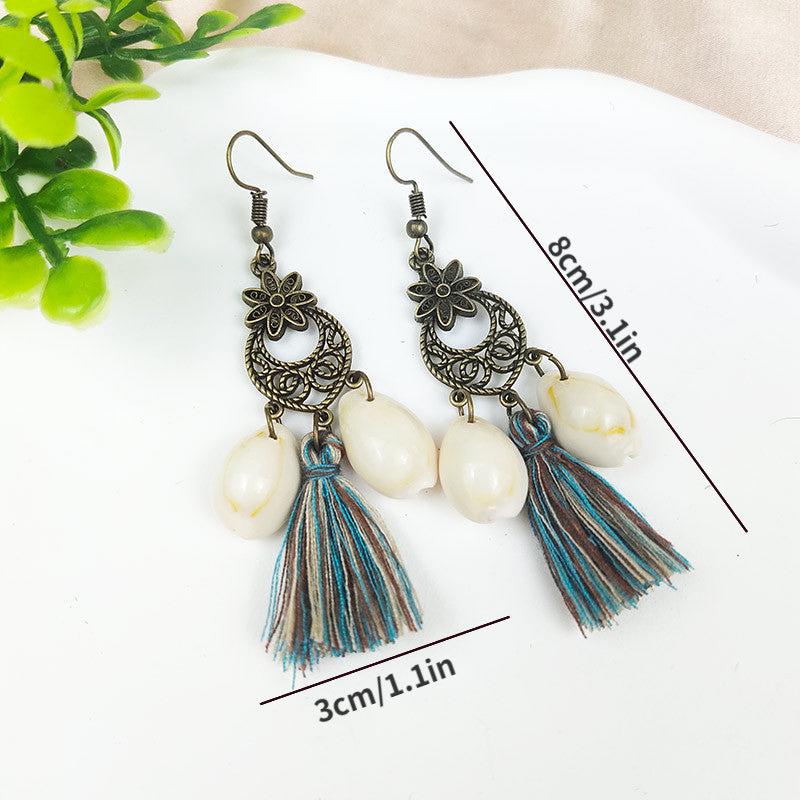 Ethnic Style Tassel Earrings with Hollowed Out Tassels Shell Turquoise
