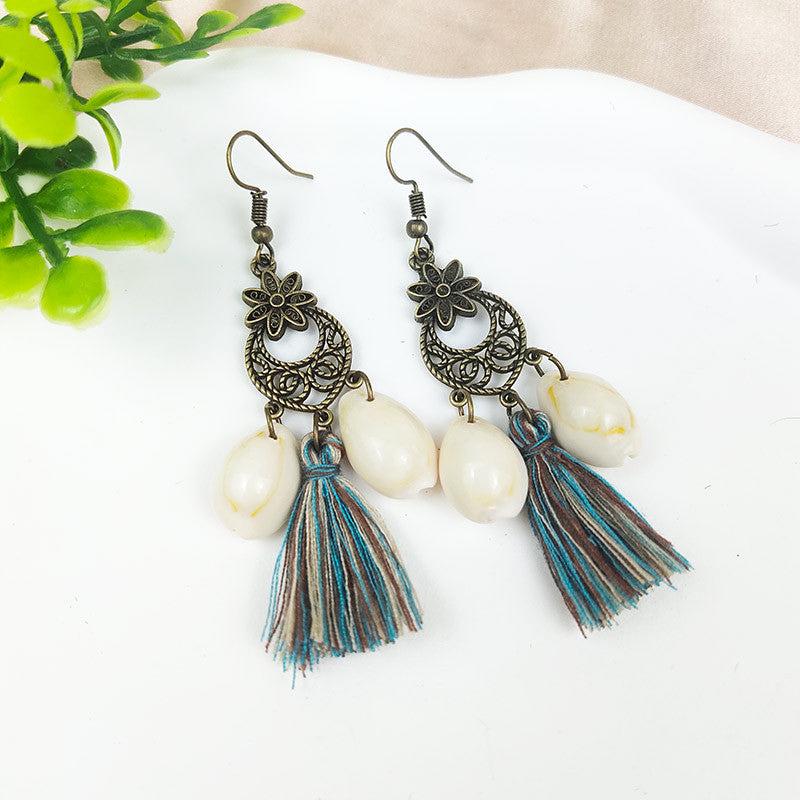 Ethnic Style Tassel Earrings with Hollowed Out Tassels Shell Turquoise