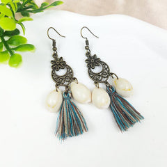 Ethnic Style Tassel Earrings with Hollowed Out Tassels Shell Turquoise