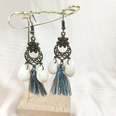 Ethnic Style Tassel Earrings with Hollowed Out Tassels Shell Turquoise