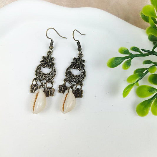 Ethnic Style Tassel Earrings with Hollowed Out Tassels Shell Turquoise