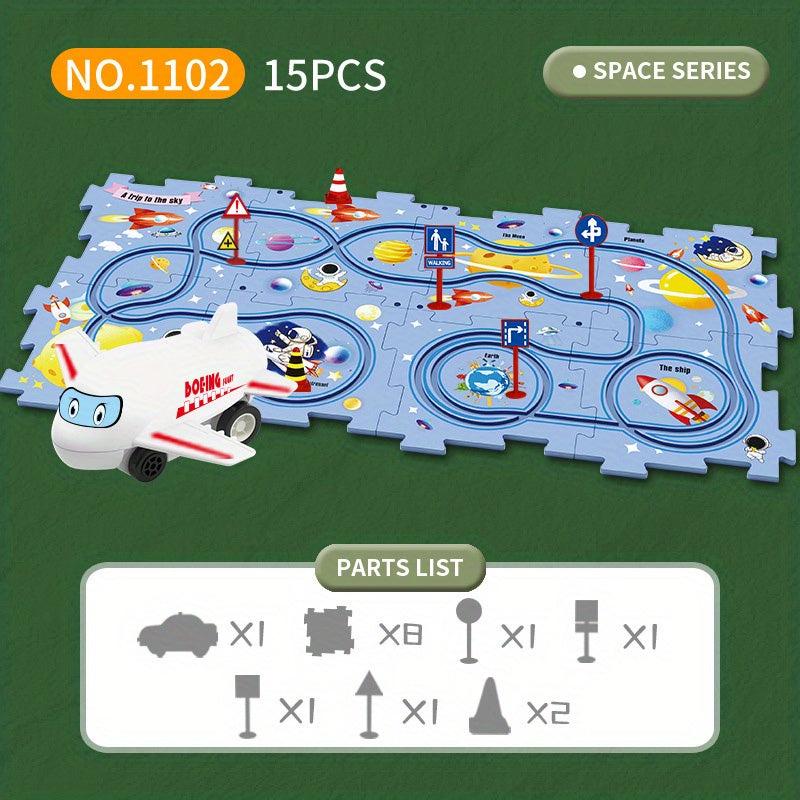 15pcs Puzzle Track Play Toy Vehicle & Puzzle Board Fun Rail Car Building Toys