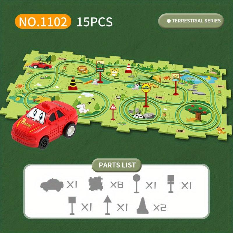 15pcs Puzzle Track Play Toy Vehicle & Puzzle Board Fun Rail Car Building Toys