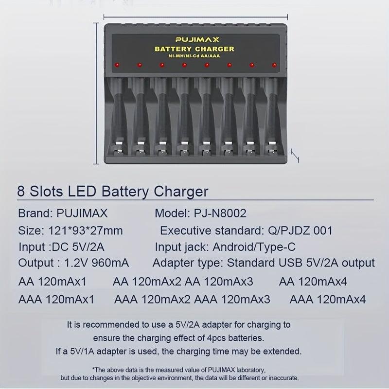 PUJIMAX 8-Slot USB Charger for AA AAA Rechargeable Batteries