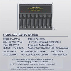 PUJIMAX 8-Slot USB Charger for AA AAA Rechargeable Batteries