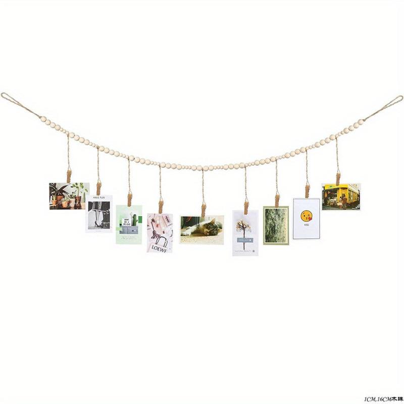 Boho Hanging Photo Display Wooden Bead Garland with Clips and Hearts