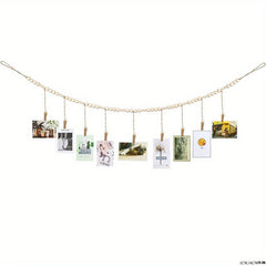 Boho Hanging Photo Display Wooden Bead Garland with Clips and Hearts