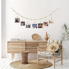 Boho Hanging Photo Display Wooden Bead Garland with Clips and Hearts