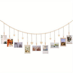 Boho Hanging Photo Display Wooden Bead Garland with Clips and Hearts