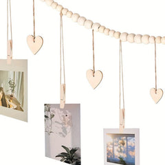 Boho Hanging Photo Display Wooden Bead Garland with Clips and Hearts