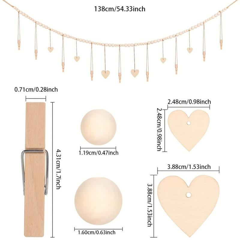 Boho Hanging Photo Display Wooden Bead Garland with Clips and Hearts