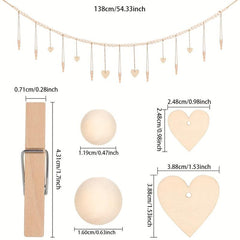 Boho Hanging Photo Display Wooden Bead Garland with Clips and Hearts