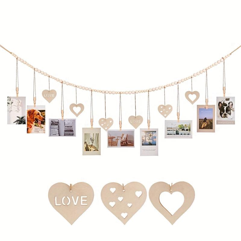 Boho Hanging Photo Display Wooden Bead Garland with Clips and Hearts