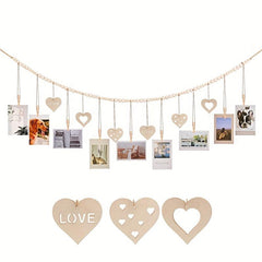 Boho Hanging Photo Display Wooden Bead Garland with Clips and Hearts