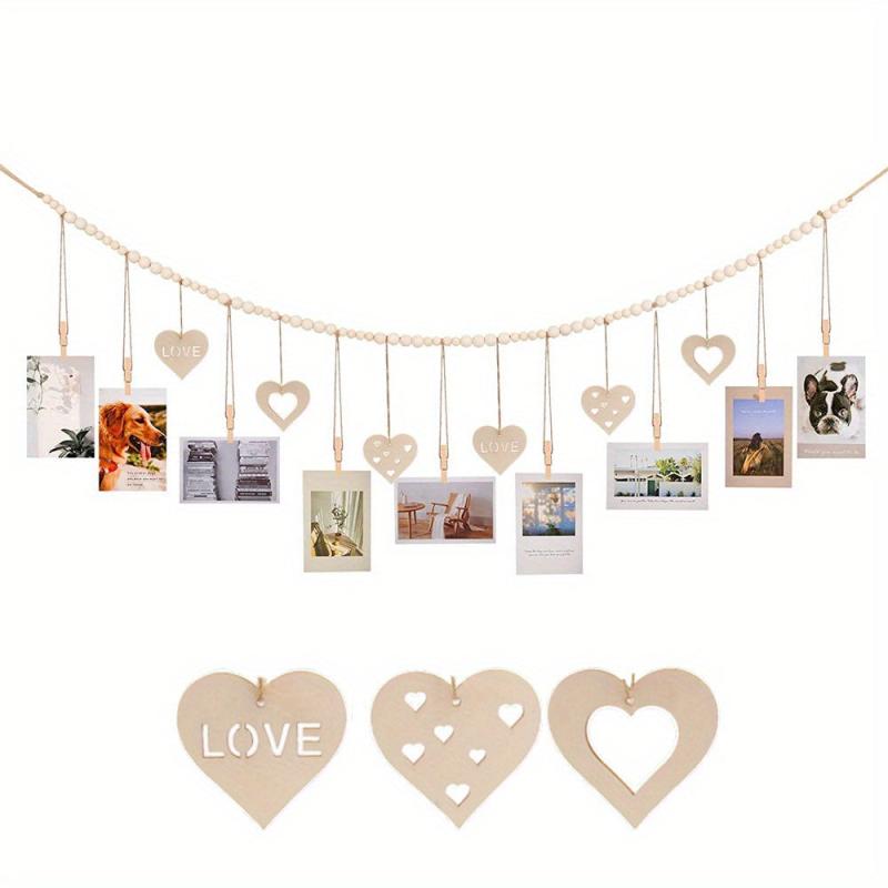 Boho Hanging Photo Display Wooden Bead Garland with Clips and Hearts