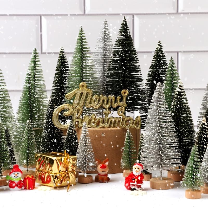 30pcs Mini Artificial Christmas Tree Bottle Brush Trees with Wooden Base