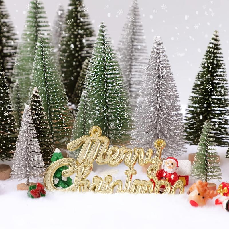 30pcs Mini Artificial Christmas Tree Bottle Brush Trees with Wooden Base