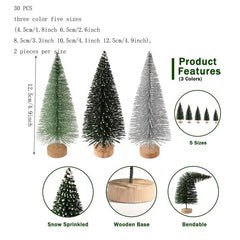 30pcs Mini Artificial Christmas Tree Bottle Brush Trees with Wooden Base