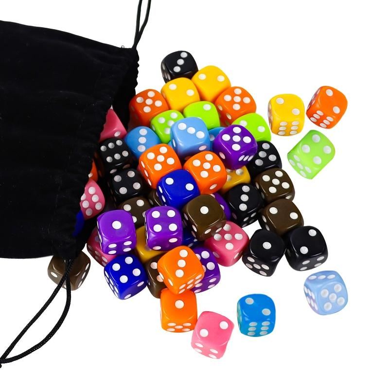 6 Sided Dice Set 50 Pcs 16mm Opaque Acrylic Game Dice w/ Velvet Pouch