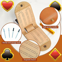 Portable Leather Cribbage Board Game Set - Travel Size