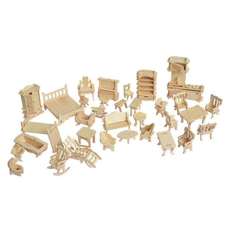 34 Piece Mini 3D Wooden Puzzle Set for 1 12 Dollhouse Furniture and Dolls