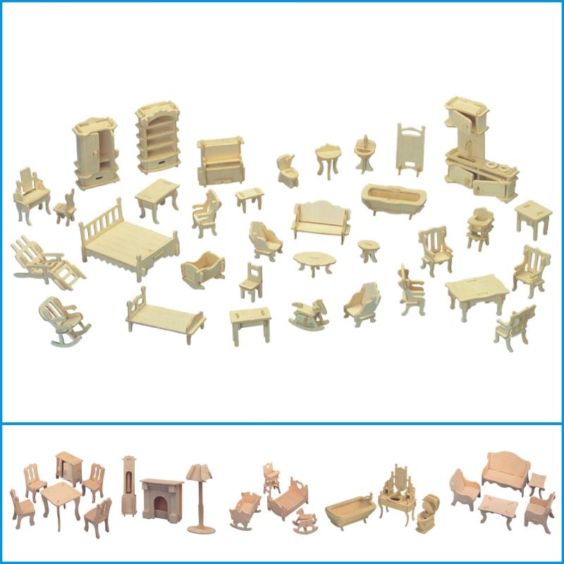 34 Piece Mini 3D Wooden Puzzle Set for 1 12 Dollhouse Furniture and Dolls
