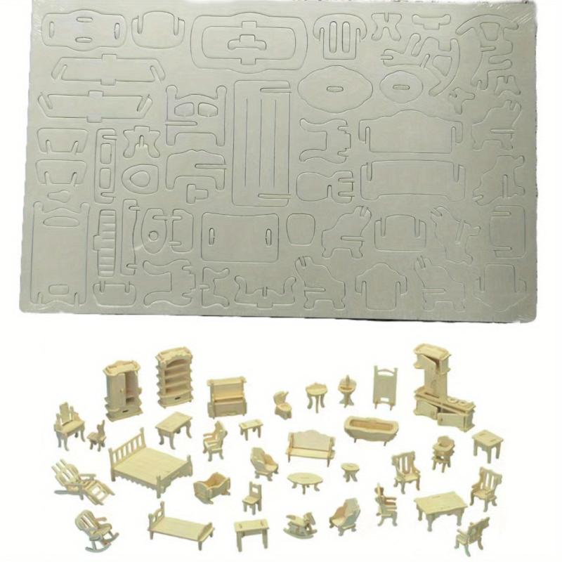 34 Piece Mini 3D Wooden Puzzle Set for 1 12 Dollhouse Furniture and Dolls