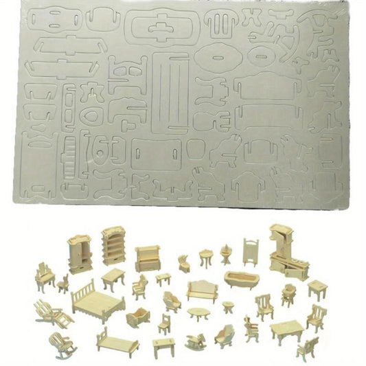 34 Piece Mini 3D Wooden Puzzle Set for 1 12 Dollhouse Furniture and Dolls