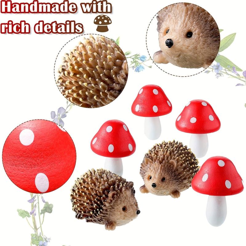 6 Pcs Hedgehogs & Mushroom Garden Figurines