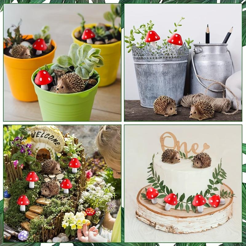 6 Pcs Hedgehogs & Mushroom Garden Figurines