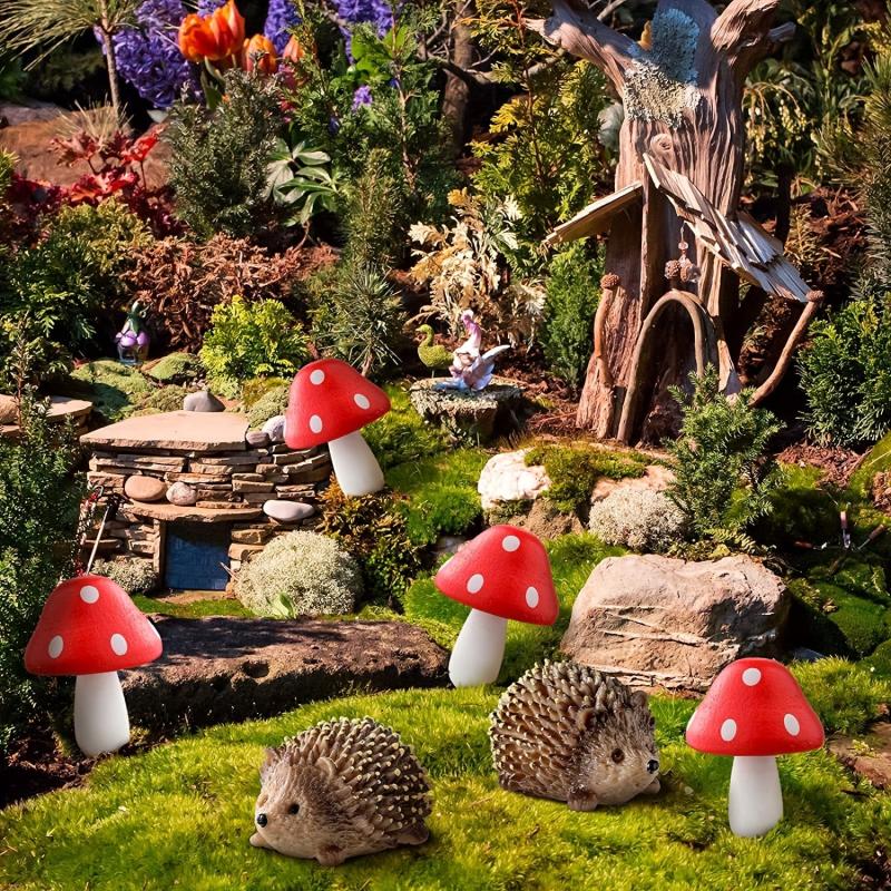 6 Pcs Hedgehogs & Mushroom Garden Figurines