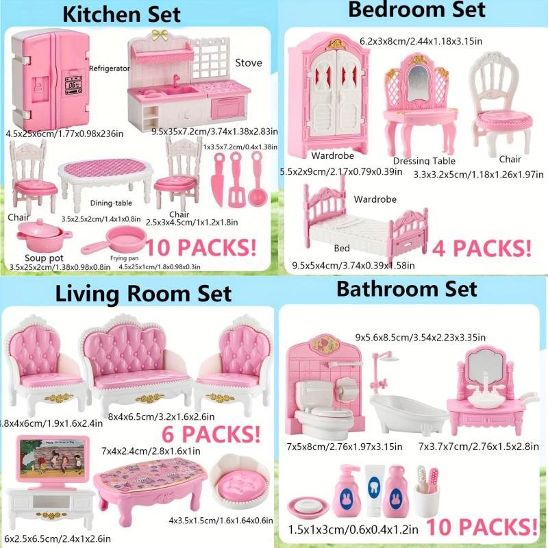 12 Piece Doll House Furniture Set - Bedroom Living Room & Bathroom Accessories