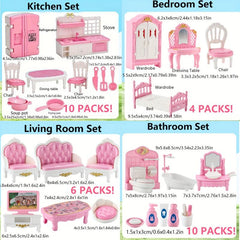 12 Piece Doll House Furniture Set - Bedroom Living Room & Bathroom Accessories