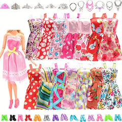 32pcs Doll Clothes & Accessories: 10 Dresses, 10 Shoes, 6 Necklaces, 6 Crowns