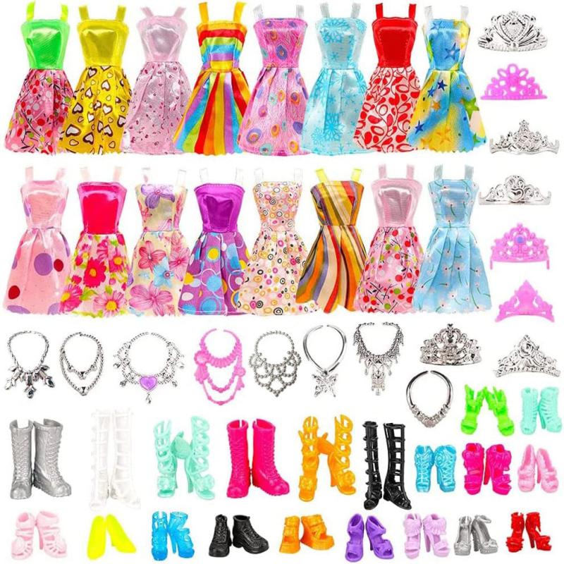 32pcs Doll Clothes & Accessories: 10 Dresses, 10 Shoes, 6 Necklaces, 6 Crowns