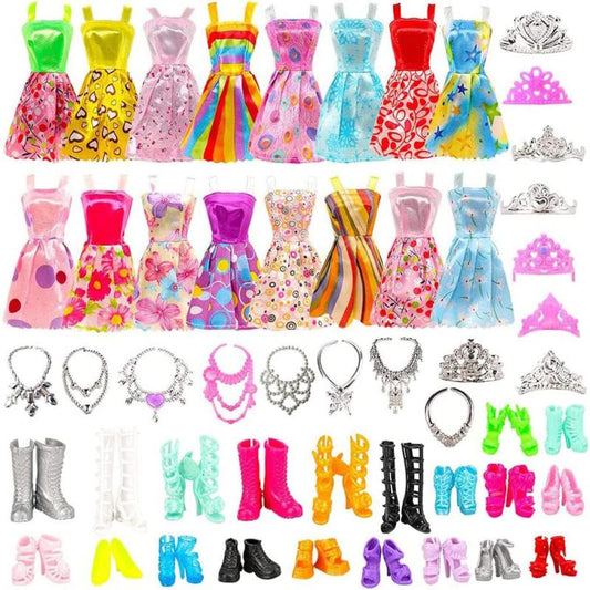 32pcs Doll Clothes & Accessories: 10 Dresses, 10 Shoes, 6 Necklaces, 6 Crowns