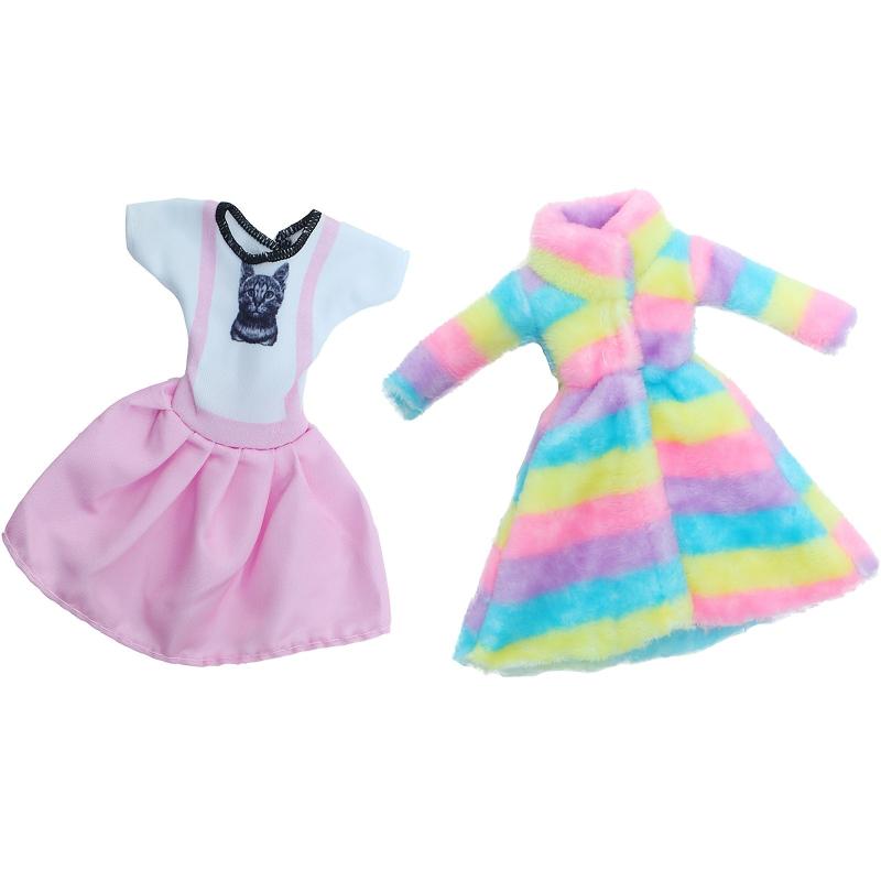 Colorful Fur Coat Pink Cat Mini Gown Skirt Daily Outfit for Doll