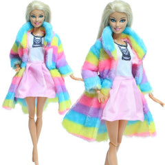 Colorful Fur Coat Pink Cat Mini Gown Skirt Daily Outfit for Doll
