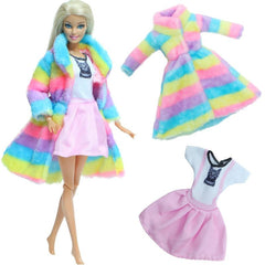 Colorful Fur Coat Pink Cat Mini Gown Skirt Daily Outfit for Doll
