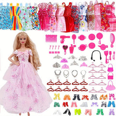 66pcs Doll Clothing Accessories Set, Skirts, Shoes, Kitchenware, Bags, Hangers