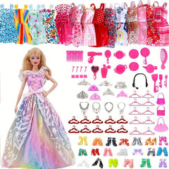 66pcs Doll Clothing Accessories Set, Skirts, Shoes, Kitchenware, Bags, Hangers