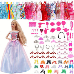 66pcs Doll Clothing Accessories Set, Skirts, Shoes, Kitchenware, Bags, Hangers