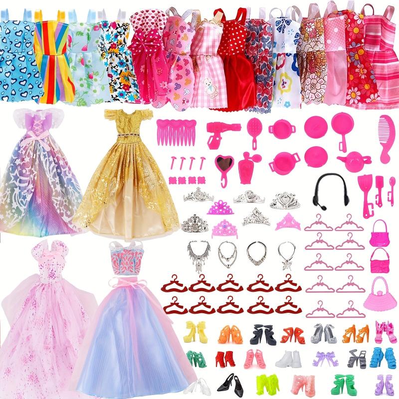 66pcs Doll Clothing Accessories Set, Skirts, Shoes, Kitchenware, Bags, Hangers
